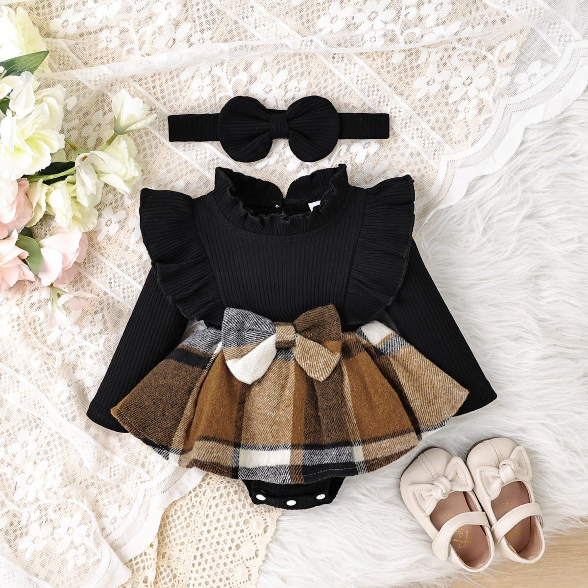 Baby Girl Clothes Plaid Romper Dress Long Sleeve Fall Outfit Black