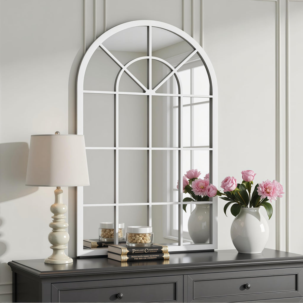 Arched Wall Mirror, 42"x30" Metal Frame Windowpane Mirror, White
