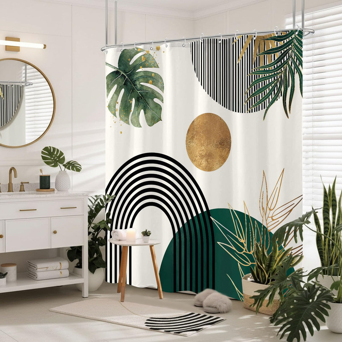 Mid Century Boho Green Shower Curtain, Abstract Modern Waterproof Fabric Shower Curtains, Plant Botanical Minimalist
