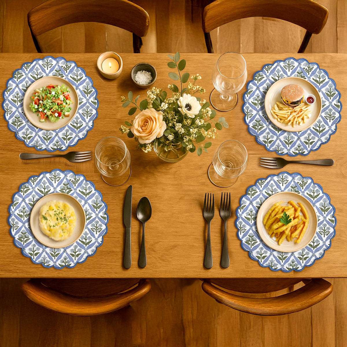 Floral Block Print Round Placemats 15 in, Set of 4, Light Steel Blue