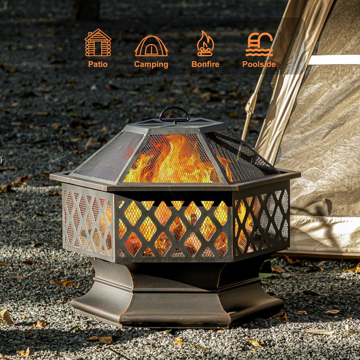 28Inch Outdoor Fire Pit, Hexagon Shaped