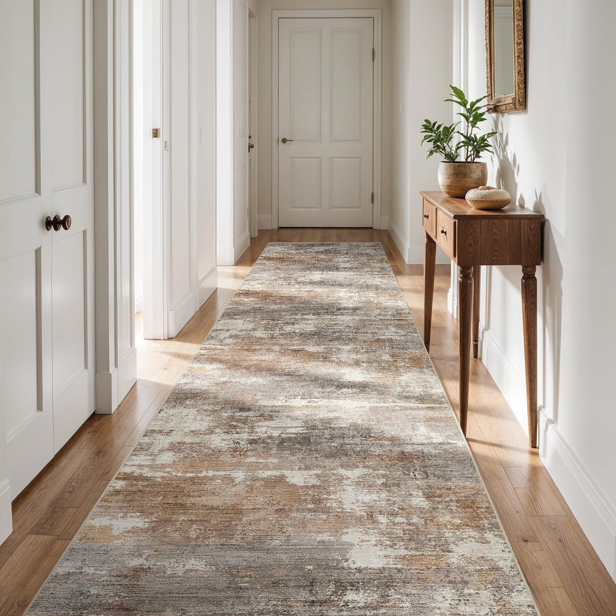 2'6x12 Runner Rug Washable Abstract: Non Slip Hallway Floor Mat Brown/Brick