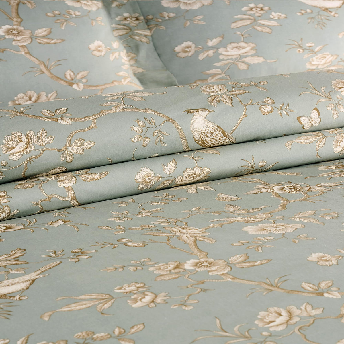 Lyon Teal Duvet Cover Set - Duvet (106x94in) and 2 Shams (20x36in) - Toile Bird Floral Design - Teal
