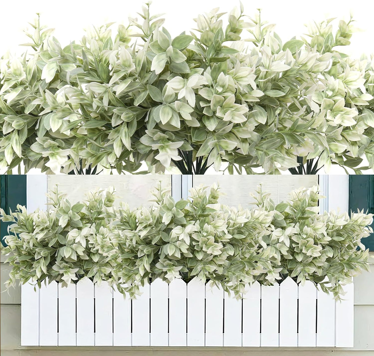 6 Bundles Artificial Greenery Stems, 14.5" Fake Lucky Bamboo Leaves Faux Outdoor Plants UV Resistant Plastic Shrubs