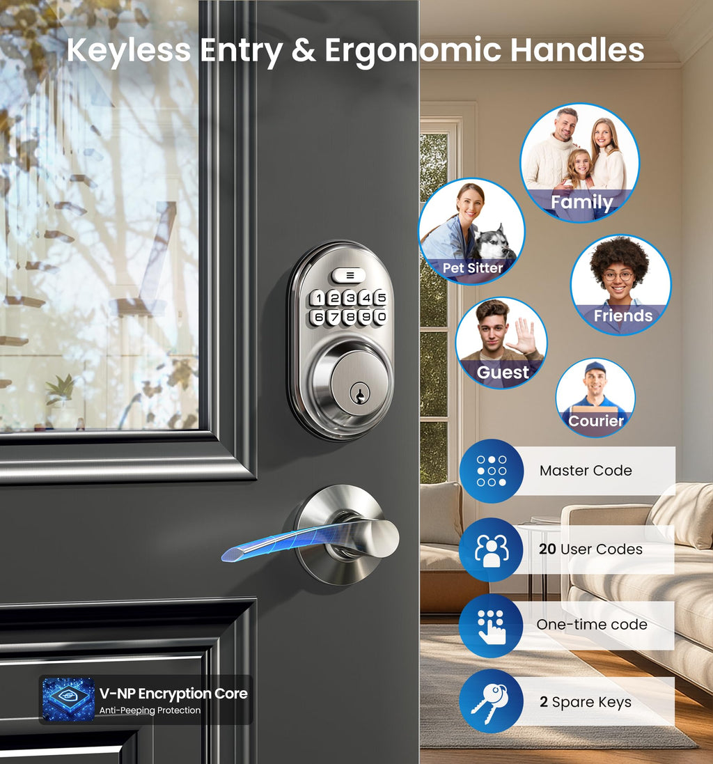 RZ-C Keyless Entry Door Lock with 2 Lever Handles, Satin Nickel