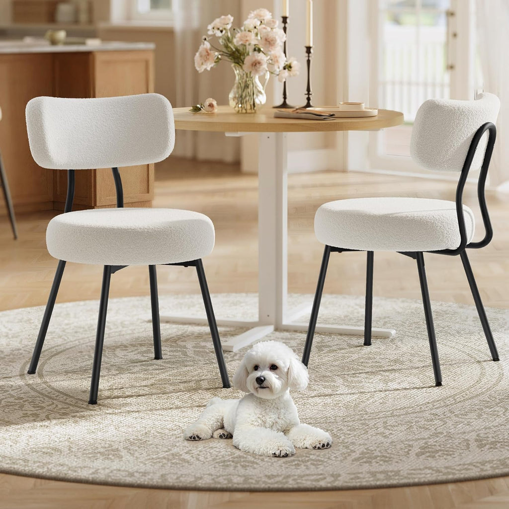 Boucle Dining Chairs Set of 2, Upholstered Kitchen Dining Room Chairs with Curved Backrest and Steel Frame