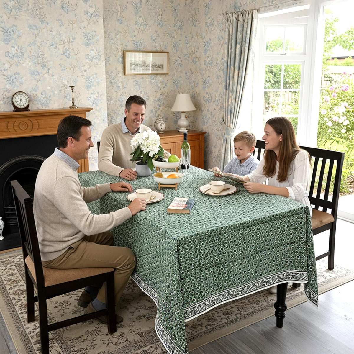 Basil Green, Peacock Blue Hand Block Print Cotton Cloth Dinning Table Cover Wedding Farmhouse Thanks Giving Christmas