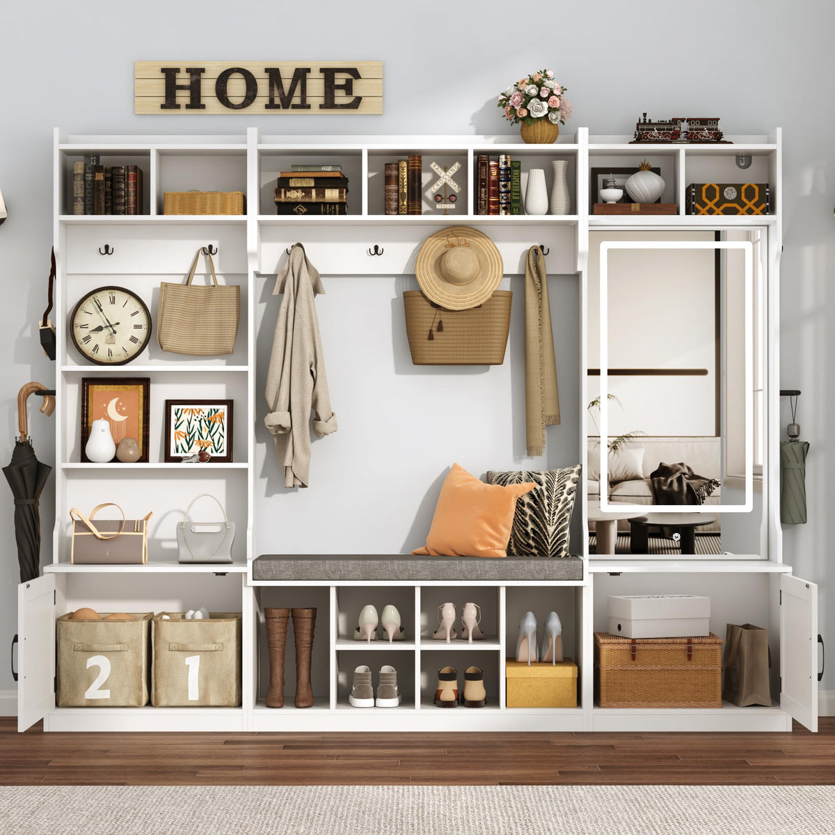 86.6''W Extra Large Farmhouse Hall Tree with Mirror Bench and Shoe Storage, Entryway Bench with Coat Rack, 6 Shoe