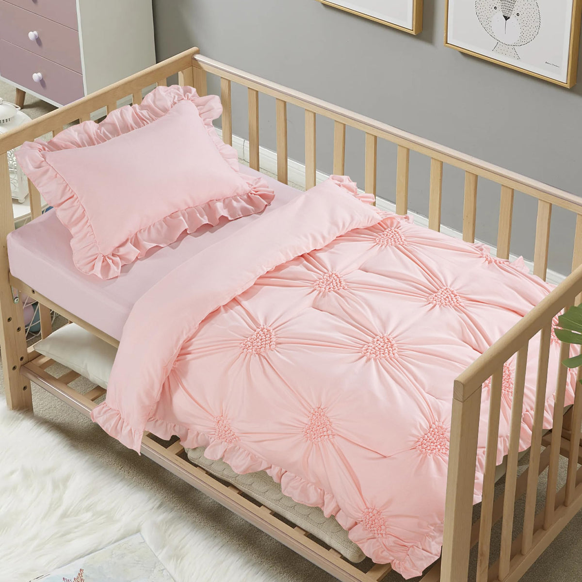 3 Pieces Princess Pink CribBedding Set for Baby Girls, Ultra Soft Blush Pinch Pleat Comforter Set with Ruffles for