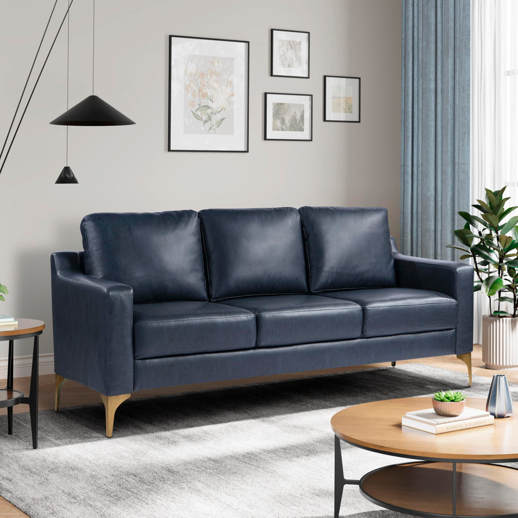 Triton 78" Sofa, Transitional Modern, Dreamcoil Comfort, Metal Legs, Vegan Leather, Navy Blue