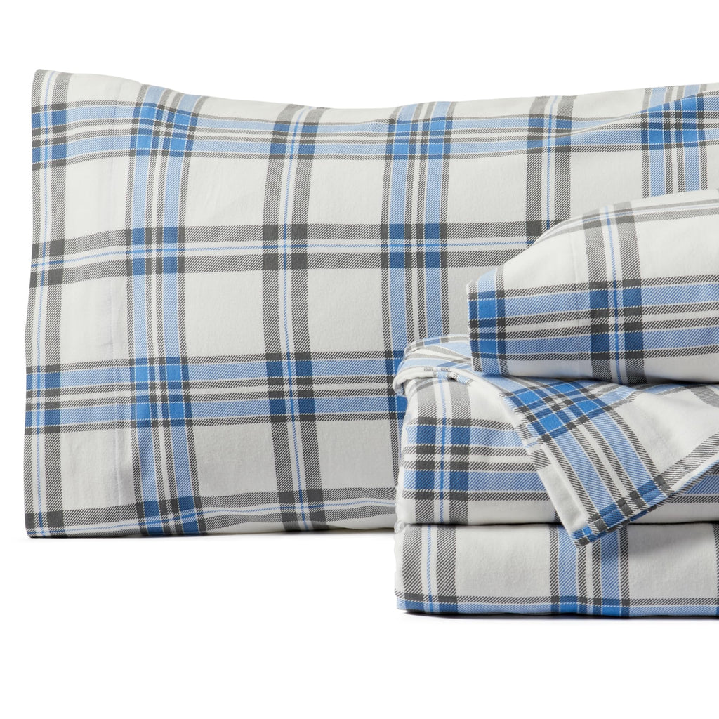 Portuguese Flannel Sheets | 100% Cotton - Plaid - Blue