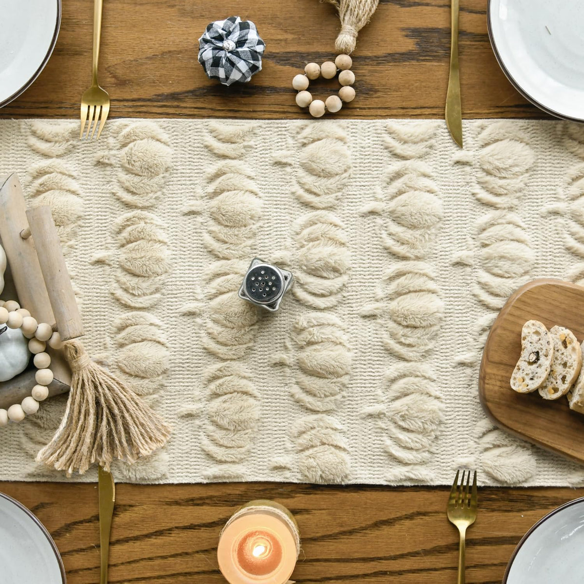 Beige Soft Faux Fur Pumpkins Fall Table Runner 13x108 Inch
