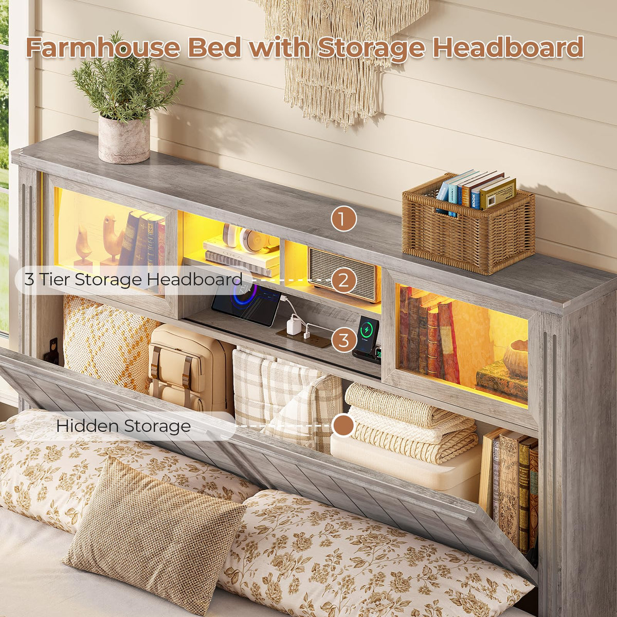Bed Frame with Storage 4 Drawers and 3-Tier Hidden Headboard, Farmhouse Wooden Bed Frame with Acrylic