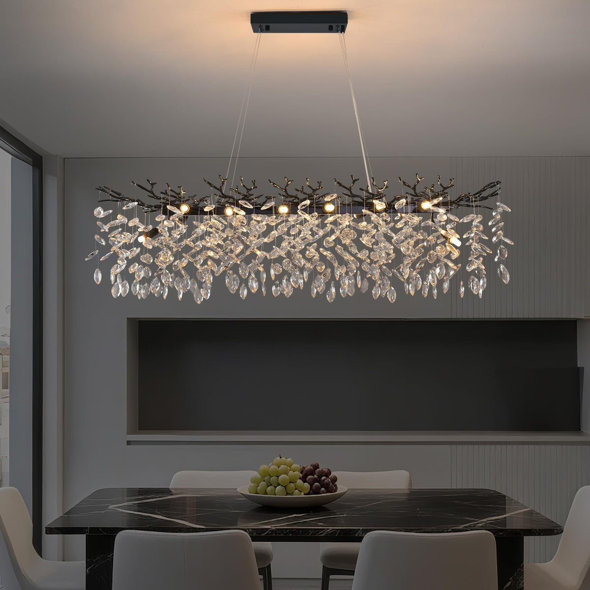 47.3" Black Modern Crystal Rectangular Raindrop Chandelier