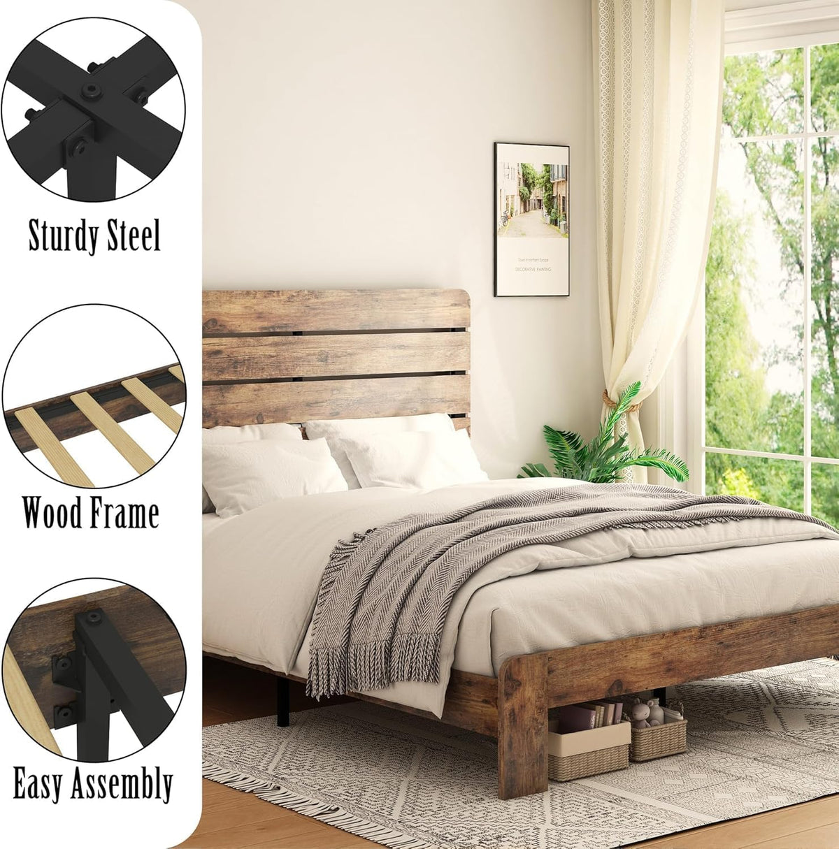 Wooden Queen Bed Frame with Headboard, Rustic Farmhouse Platform Bedframe with Wood Slat Support, Sturdy and No