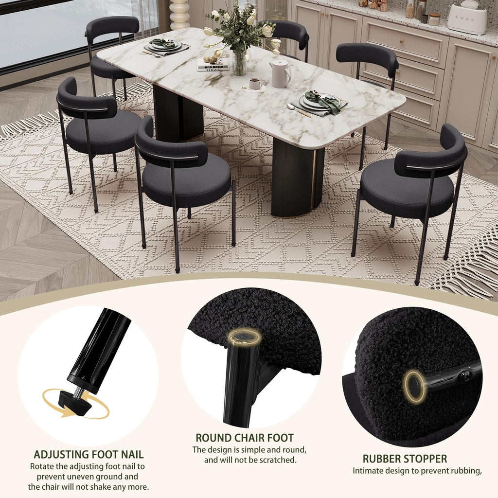 Boucle Set of 2 Teddy Upholstered Dining Room Chairs Kitchen Chairs with Metal Legs Mid Century Modern Chair (Black