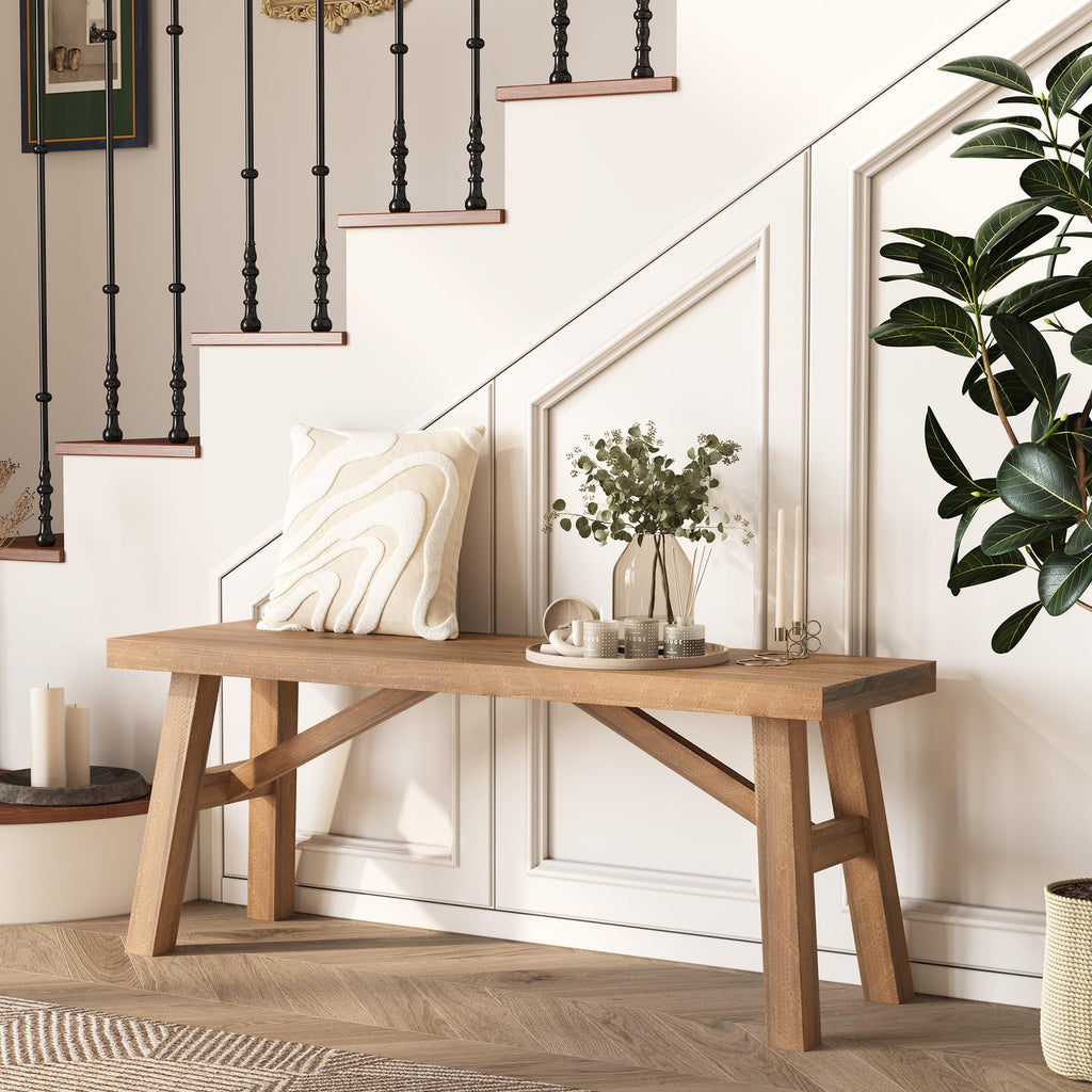 Sawmill Long Solid Wood Bench, 43" Farmhouse Entryway Bench, Natural