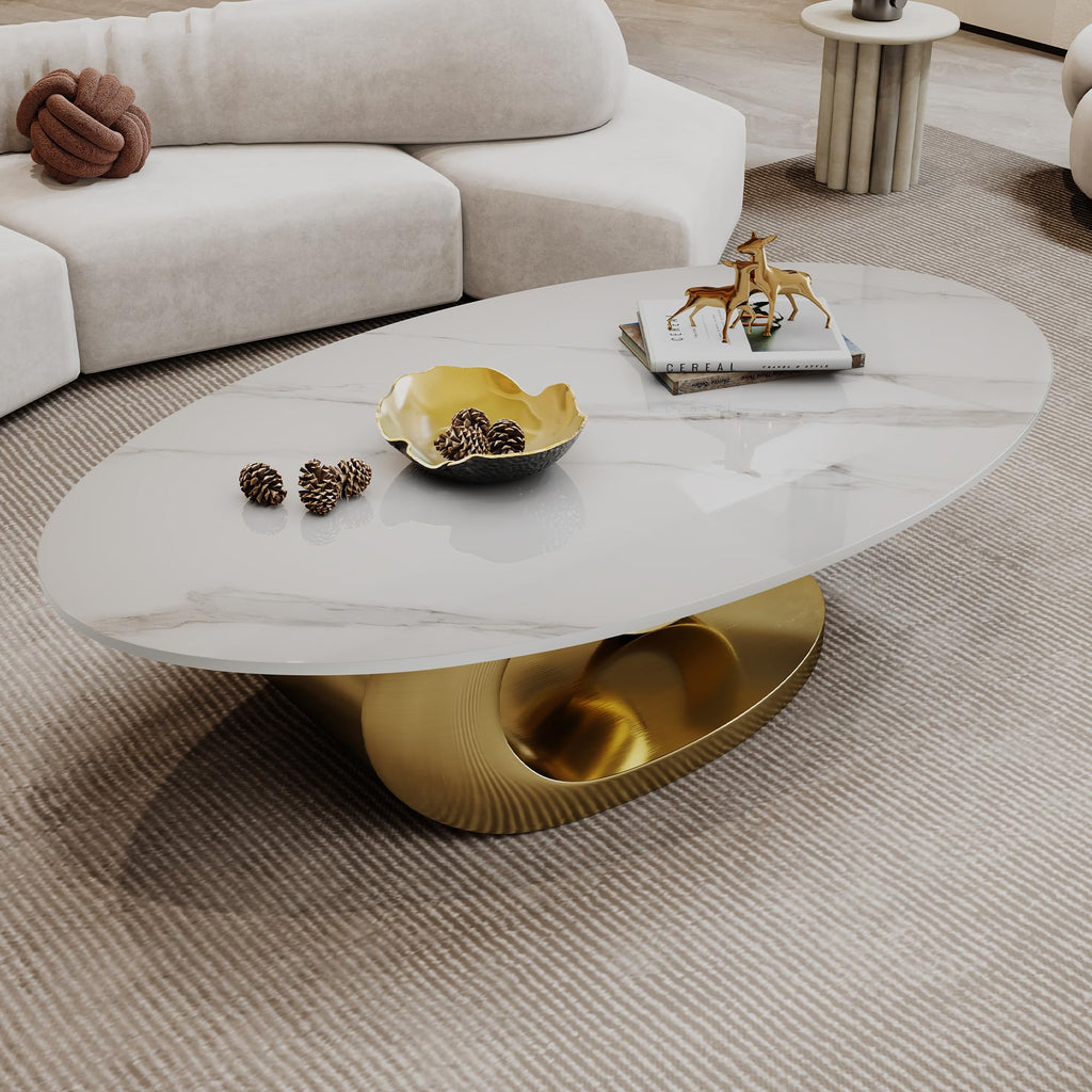 Inspired Saarinen Style Modern Coffee Table with Gold Stainless Steel Pedestal, Oval
