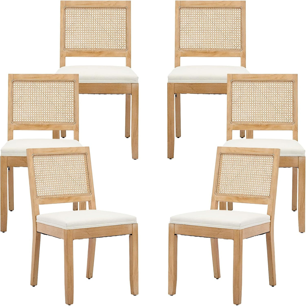 French Country Dining Chairs Set of 6, Beige Modern Kitchen & Dining Room Chairs, Rattan Dining Chair with Linen