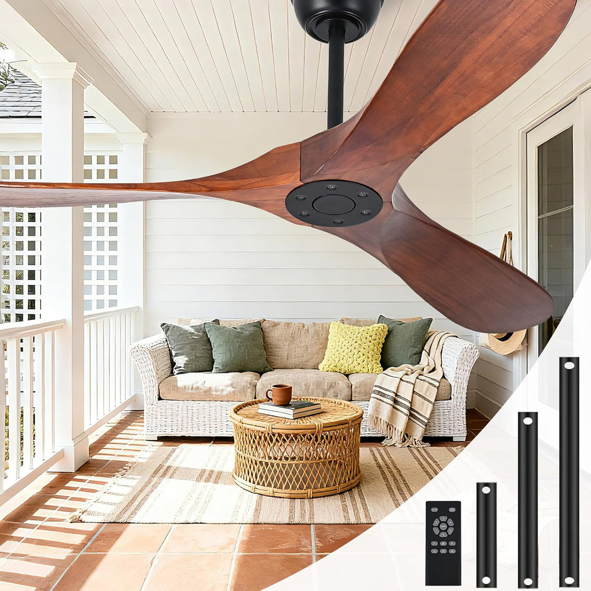 Inspired Maverick Style 72" Ceiling Fans Without Lights, 72 Inch Outdoor Ceiling Fans no Lights, 3 Blade Solid Wood Damp Rated Ceiling Fan with Remote Control for Living Room Gazebo/Patios Porch,Dark Walnut,Christmas Gifts