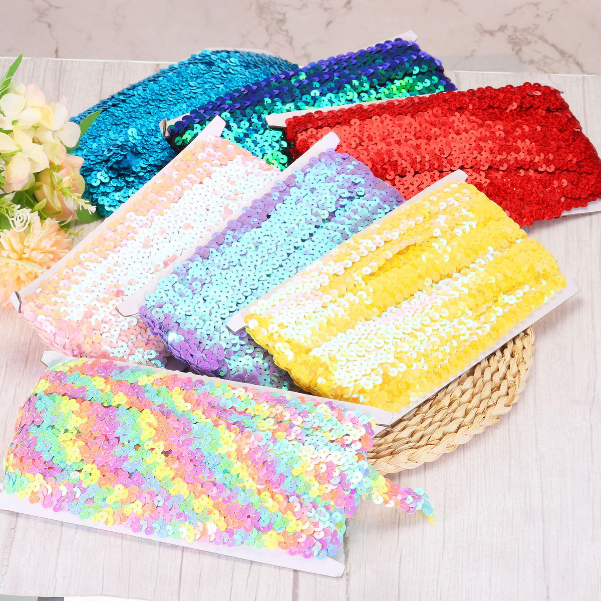 1.2 Inch Elastic Sequins Trim 3 Row Flat Sequin Strip Paillette Sequins Fabric Ribbon for Crafts DIY Sequin - 11 Yards