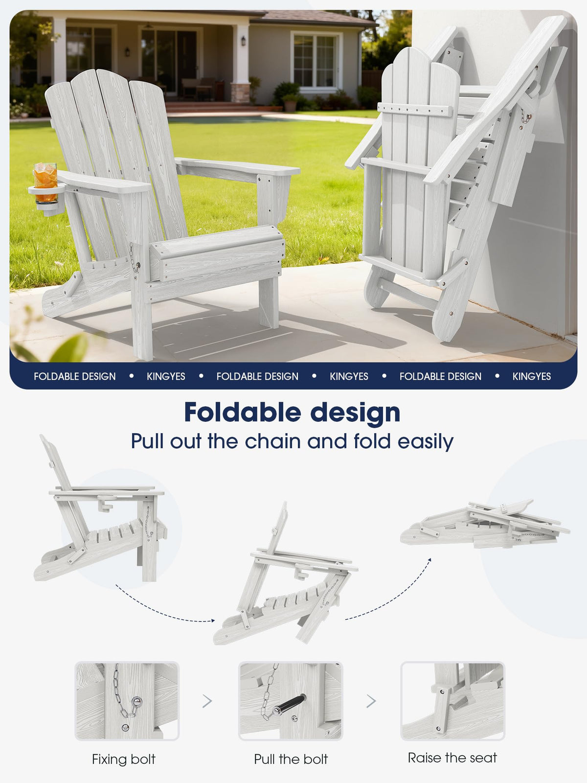 Folding Adirondack Chair Set of 2 with Cup Holder, White