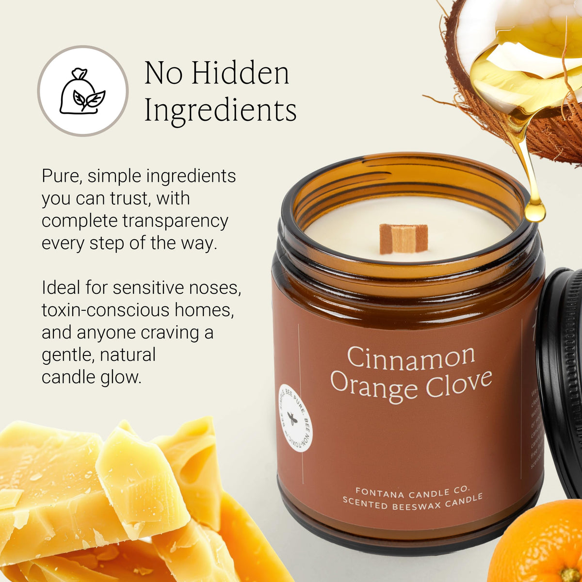 Co Wood Wick Beeswax Candle, Cinnamon Orange Clove