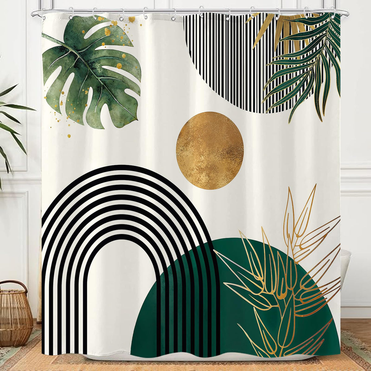 Mid Century Boho Green Shower Curtain, Abstract Modern Waterproof Fabric Shower Curtains, Plant Botanical Minimalist