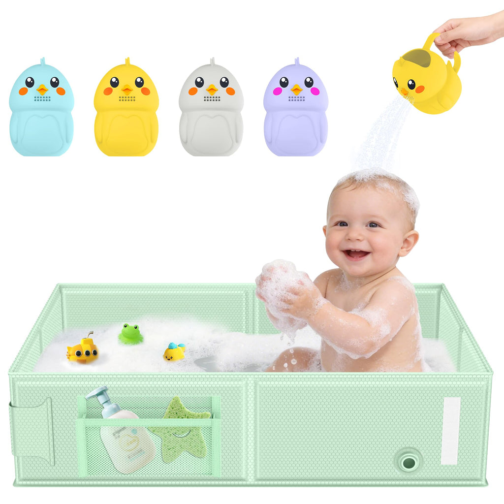Collapsible Baby Bathtub, Foldable Toddler Bath Tub with Chick Pattern Bath Rinse Cup, No Assembly Portable Travel