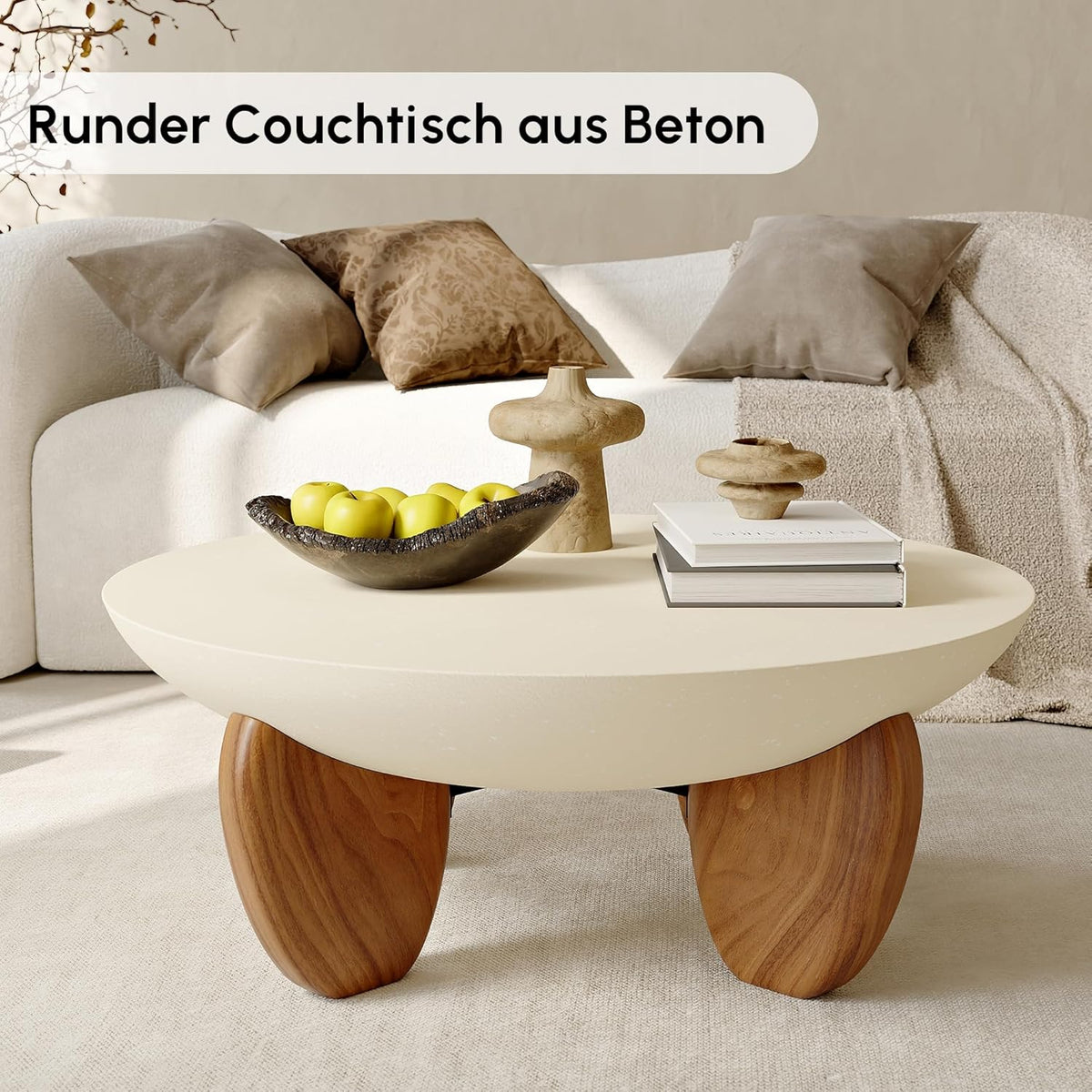 Round Concrete Coffee Table with Premium Walnut Ash Wood Legs, Modern Minimalist Cement Finish Center Table