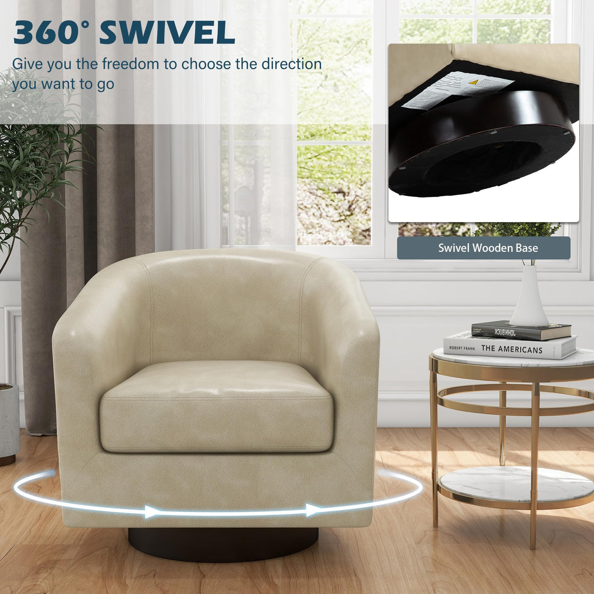 Faux Leather Swivel Accent Chairs Set of 4, Barrel Armchair, Cream