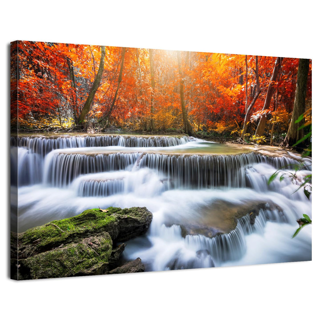 Fall Nature Sunset Wall Art Living Room Waterfall Mountains Picture Bedroom Bathroom Decor Autumn Maple Trees Scenery