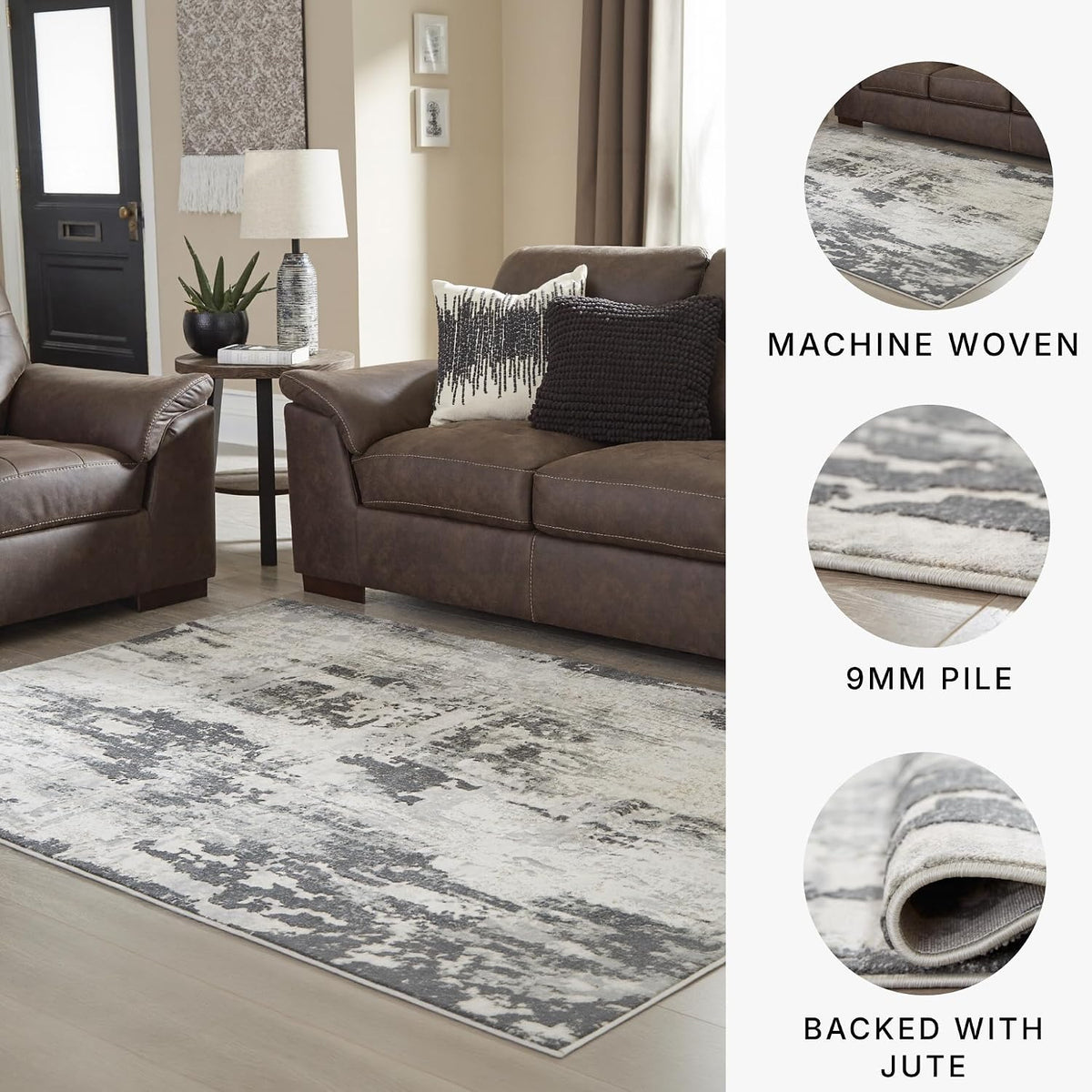 Mazatl Contemporary Medium Pile Abstract Design Rug, Cream, Gold & Gray
