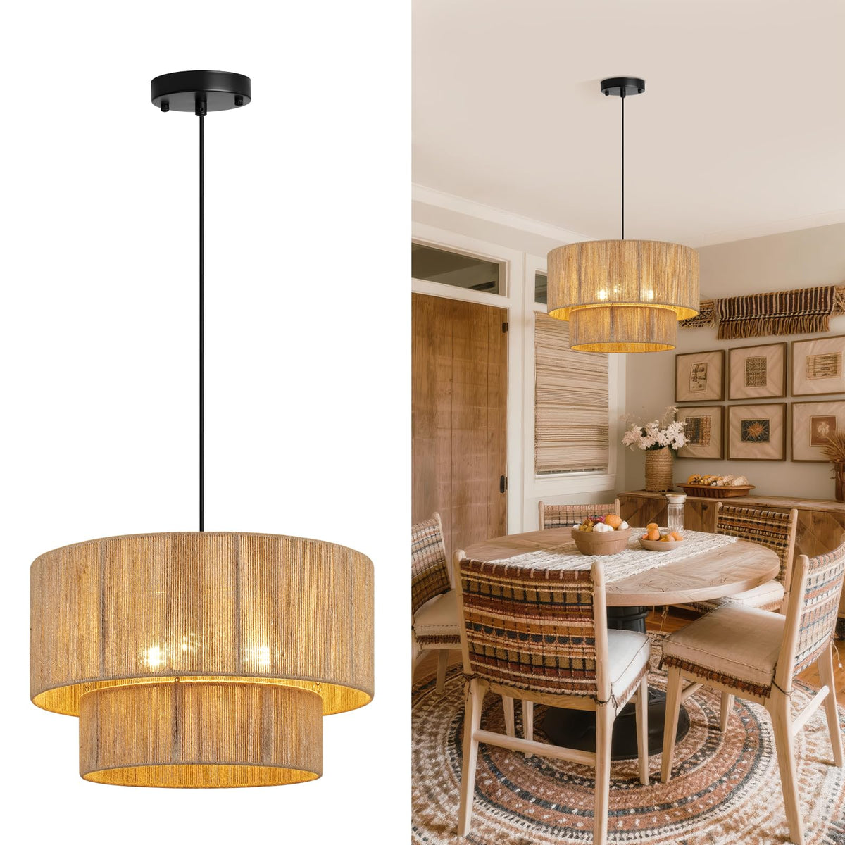 18 Inch Large Rattan, Boho Farmhouse Hanging Chandelier Lamp Fixture, Natural Wicker Jute Lighting Island, Living