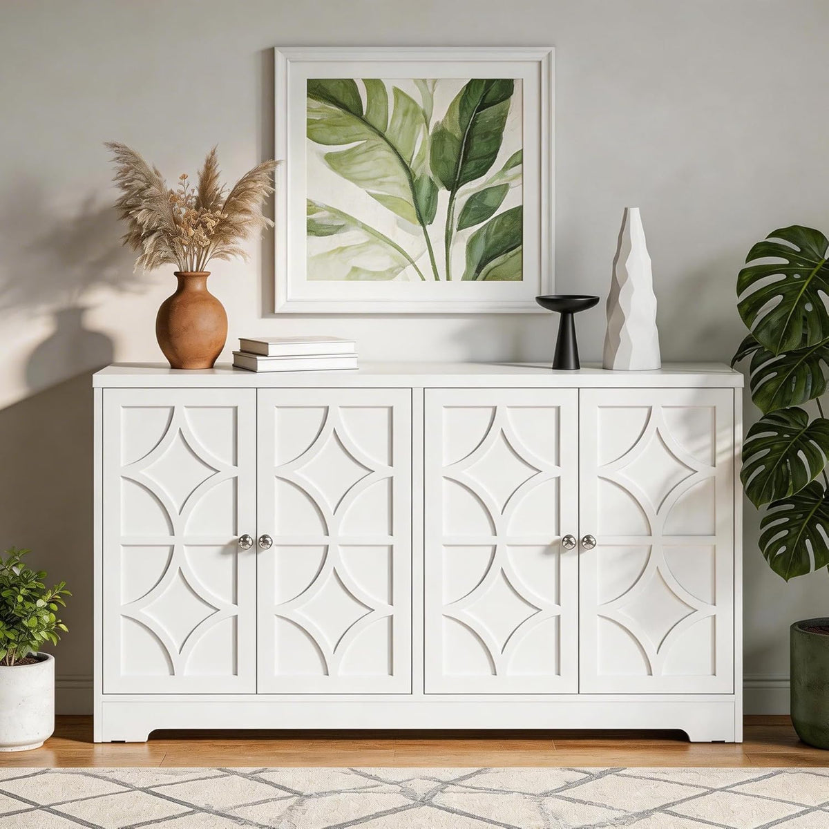 Sideboard Buffet Cabinet with Storage, 56" Modern Sideboard with 4 Carved Doors and Adjustable Shelves