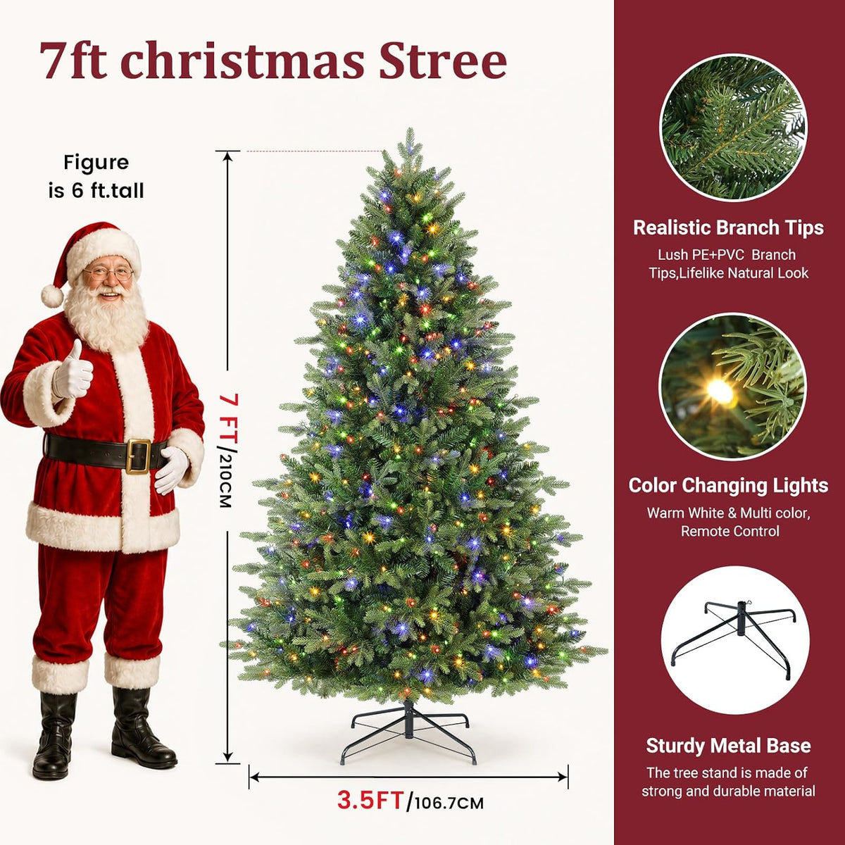 7ft Prelit Artificial Full Hinged Christmas Tree with Color Lights