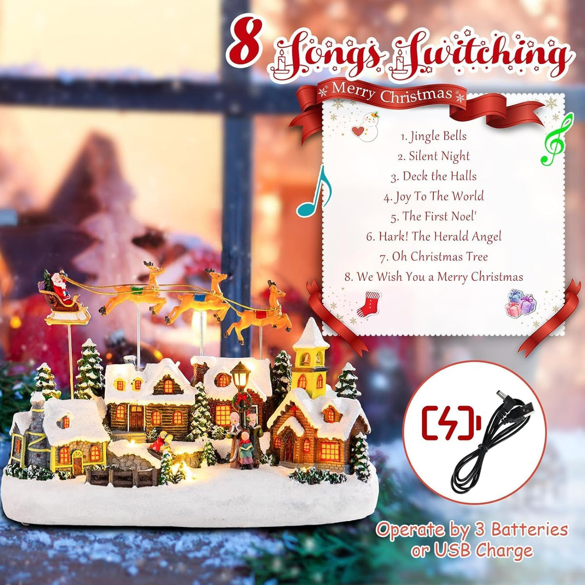 Christmas Village Lighted Decoration Musical Animated Display Christmas Collectible Santa Deer Battery Operated