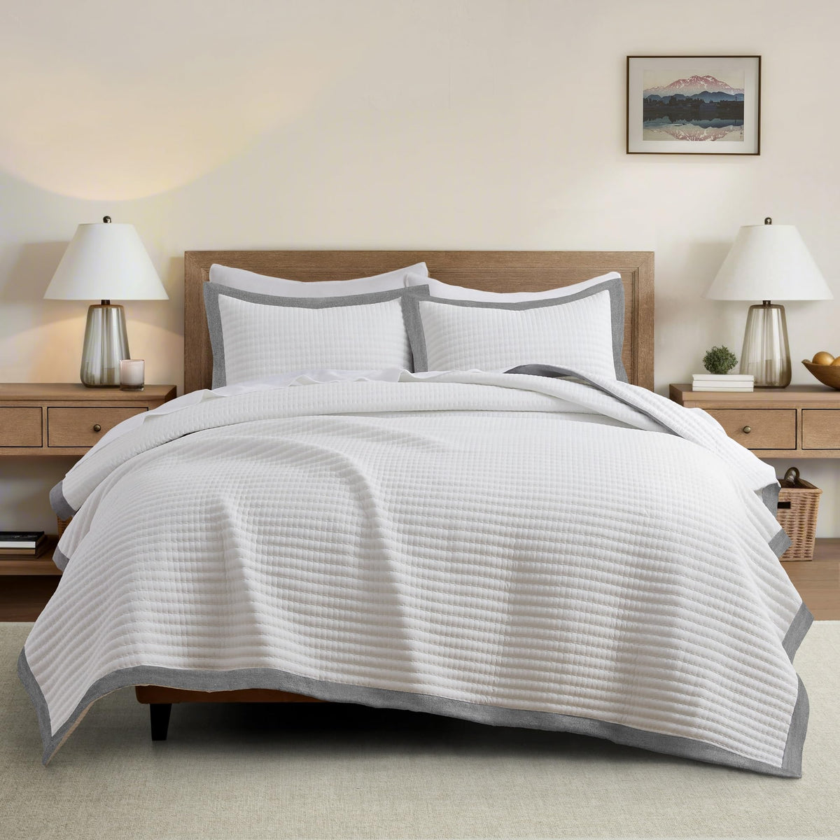 White Quilt Set - Farmhouse Soft Striped Stitch Bedding Bedspread Coverlet Summer Lightweight