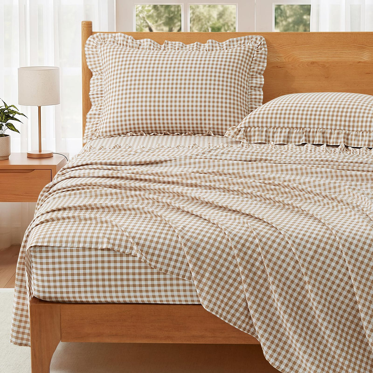 Gingham Ruffle Sheet Set, Taupe Microfiber Plaid Bed Sheets