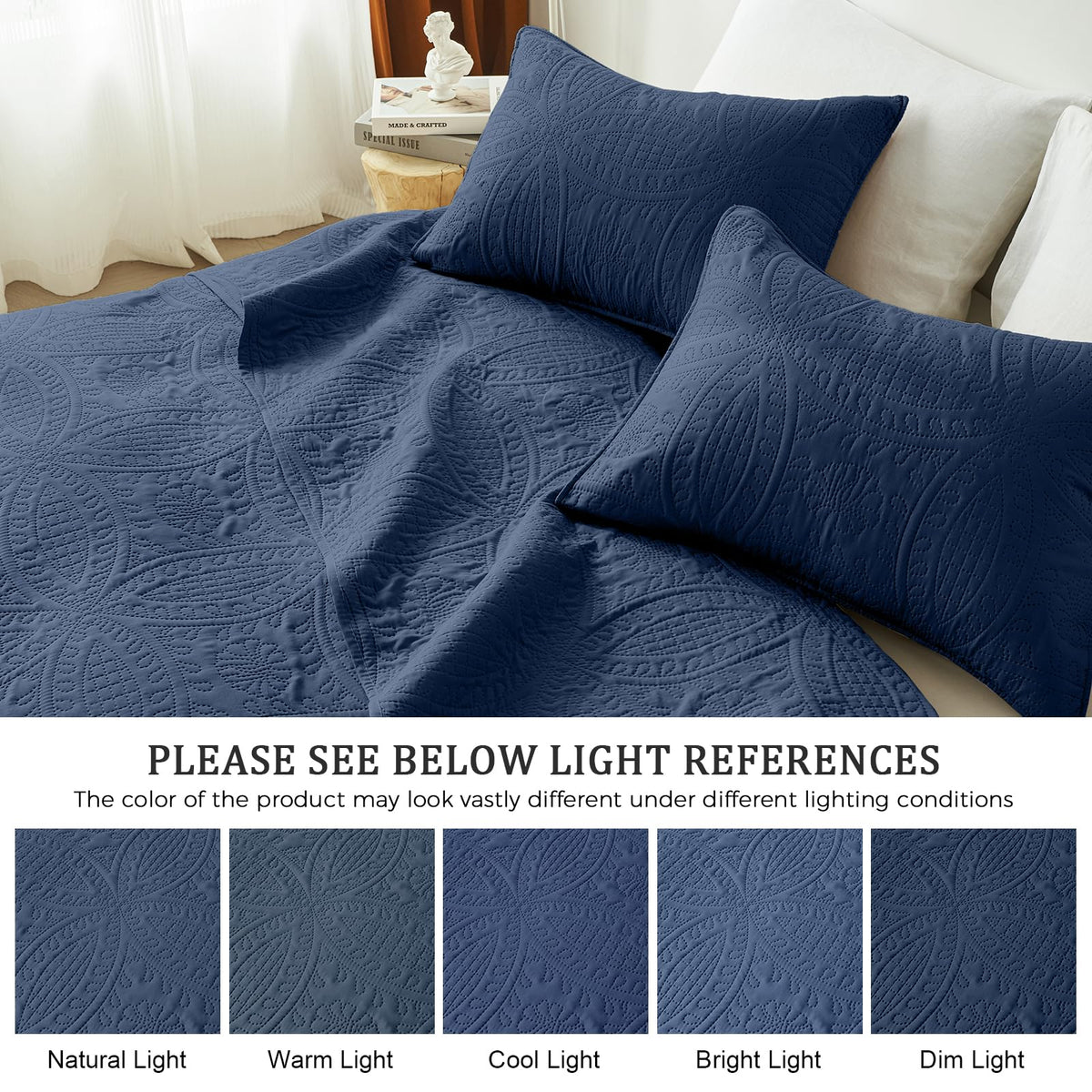 118"x106" Navy Quilt Set, Oversized Floor-Length Bedspread, Modern Coin Pattern Microfiber Coverlet