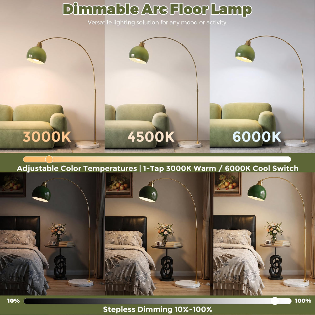 Inspired Arco Style 75" Modern Arc Floor Lamp, Standing Lamp with LED Bulb, Green Glass Shade