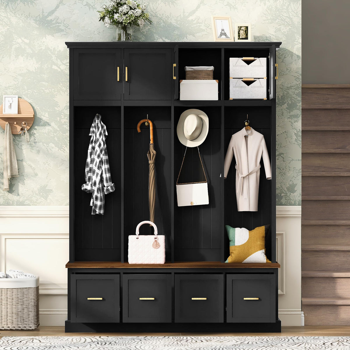 Farmhouse Entryway Hall Tree with Hooks, Cabinets & Drawers