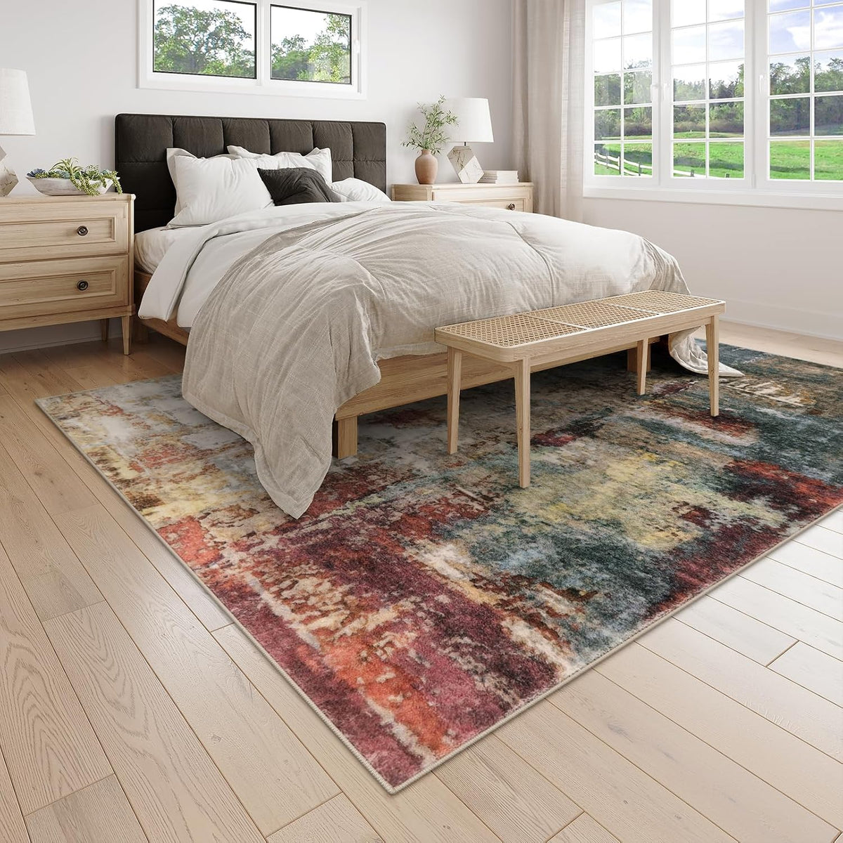 Modern Abstract Living Room Rug, Washable Area Rugs Stain Resistant Non Slip, Large Red Soft Indoor Carpet