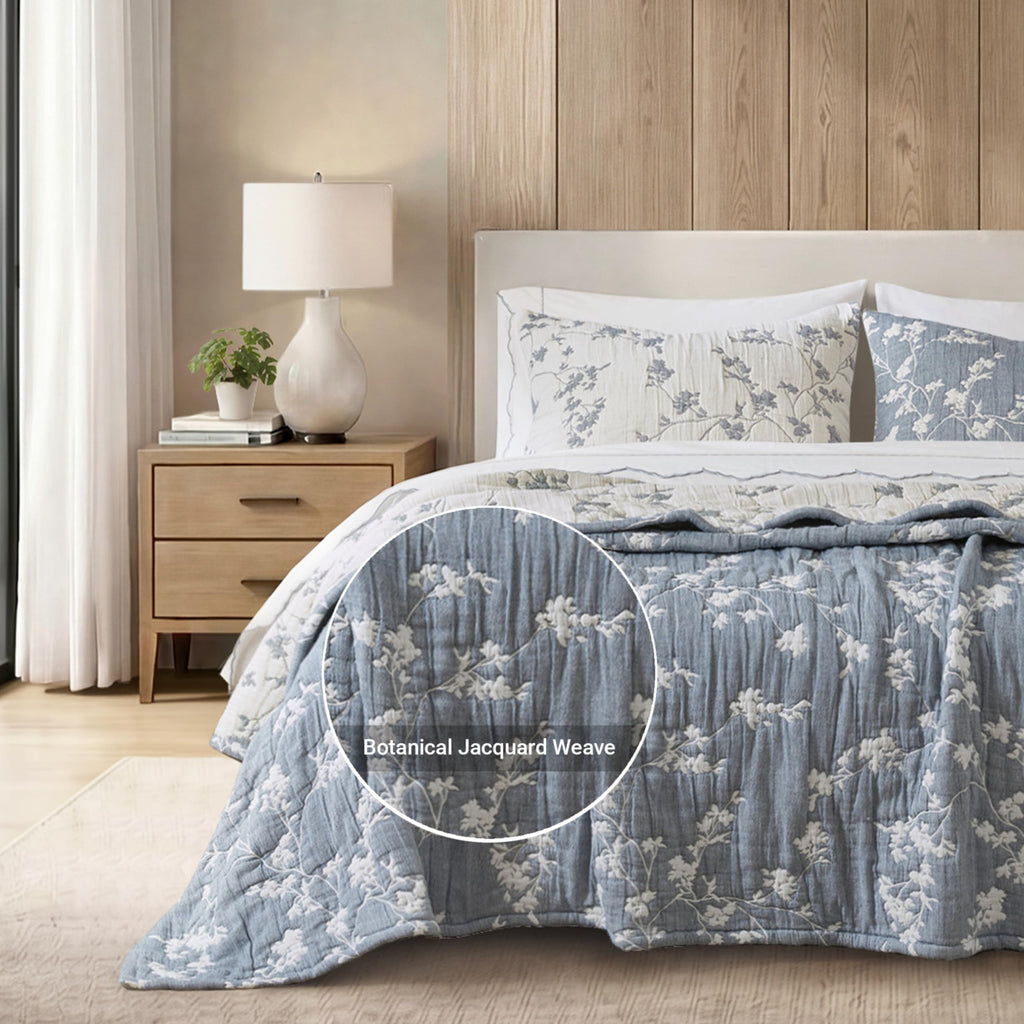 Botanical Cotton Jacquard Quilt Set, Reversible Textured Floral Bedding, 480GSM All Season Bedspread Coverlet