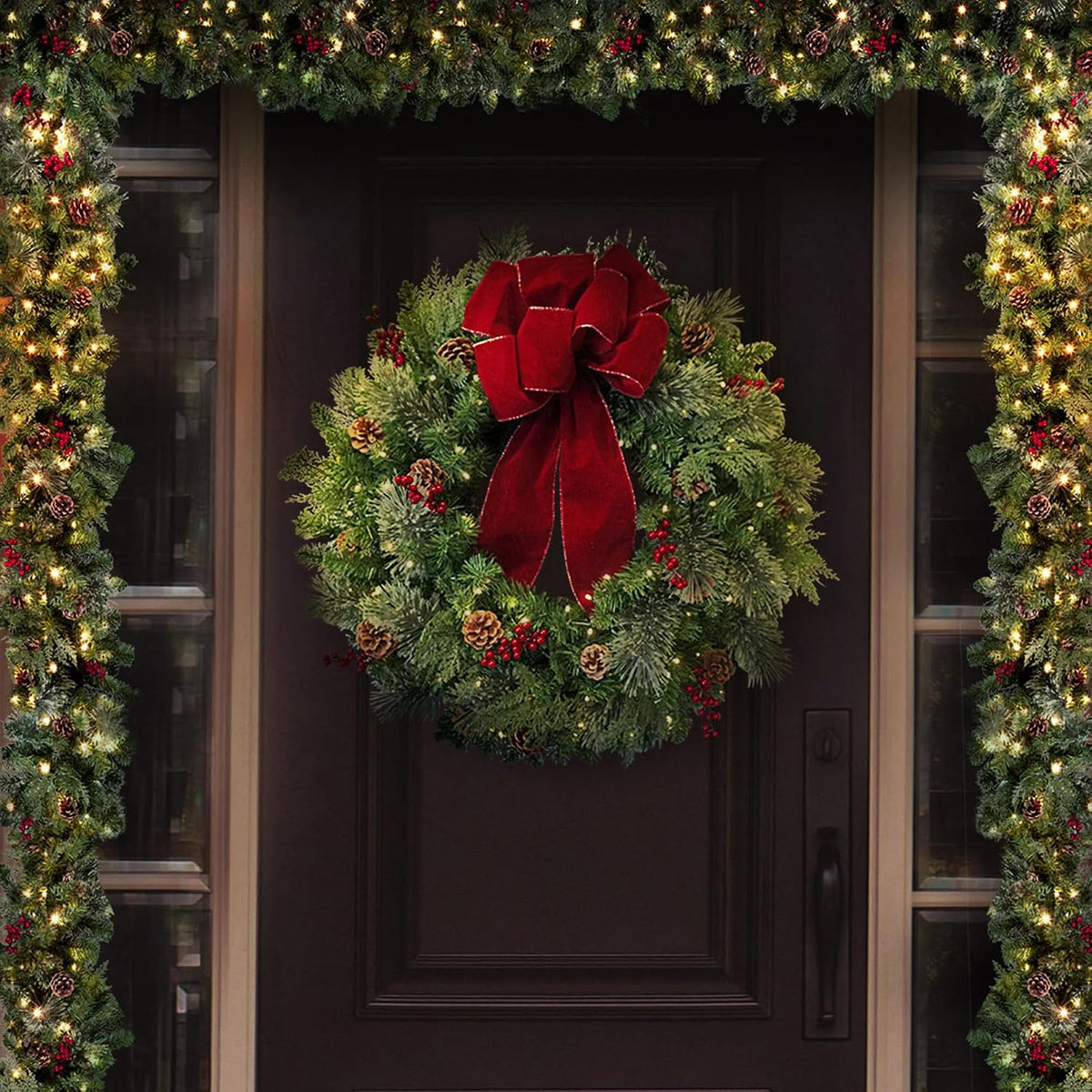 Classic 30-inch Christmas Wreath for Front Door - Large Size Door Wreath with Warm White Energy-Efficient LED Lights