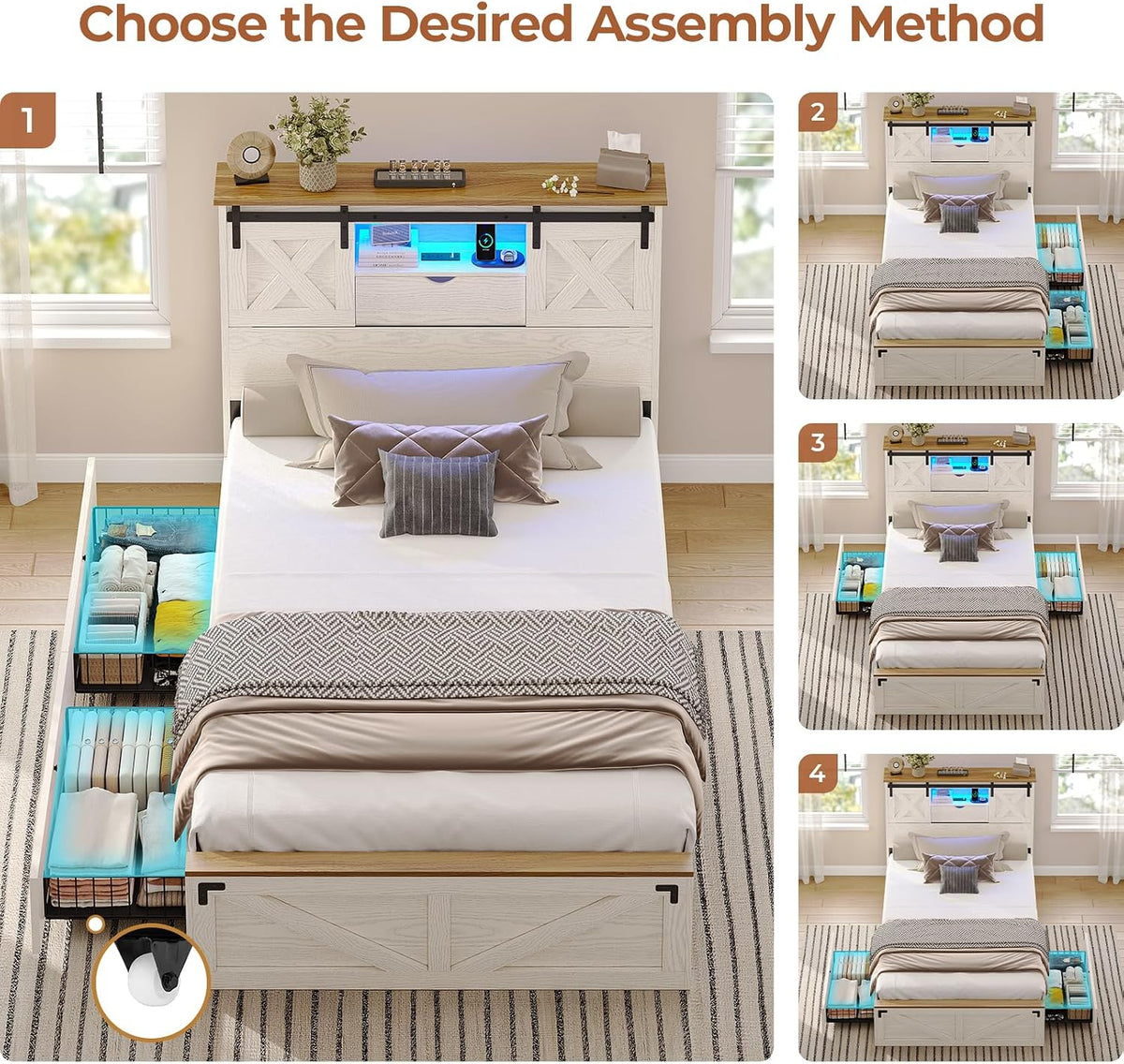 Farmhouse Bed Frame Twin with 2 Storage Drawers, Wooden Platform Twin Bed with LED Lights and Charging Station