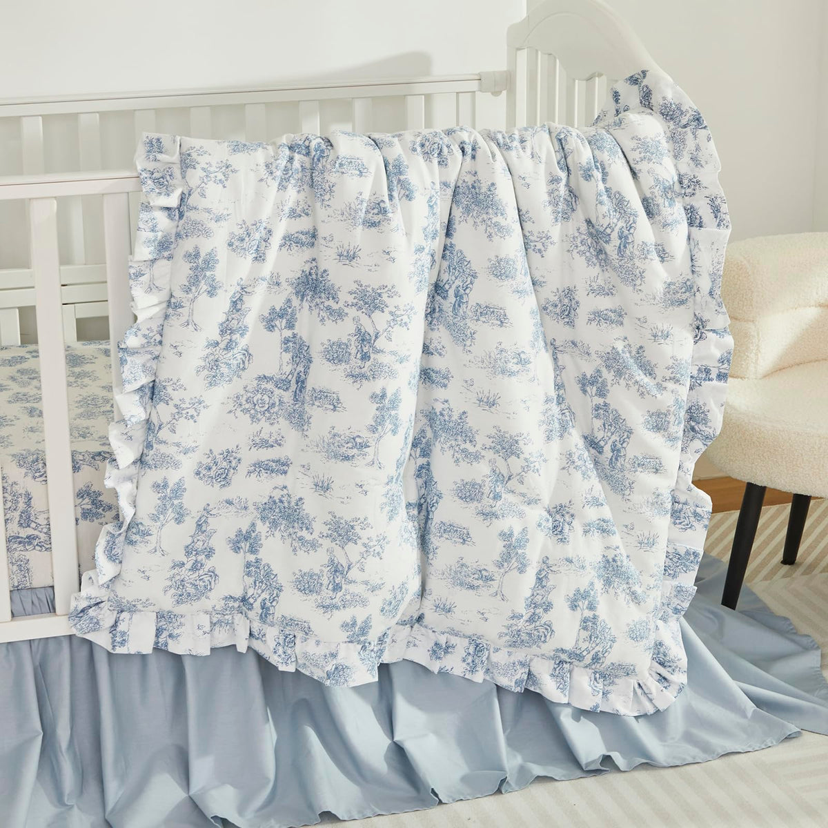 Boho Bohemian Girl Boy Baby Nursery Crib Bed Skirt Dust Ruffle - Neutral Solid Color Light Blue Farmhouse Chic 100%