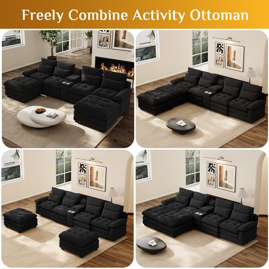 134" U-Shaped Shimmer Chenille Sectional Couch, Black