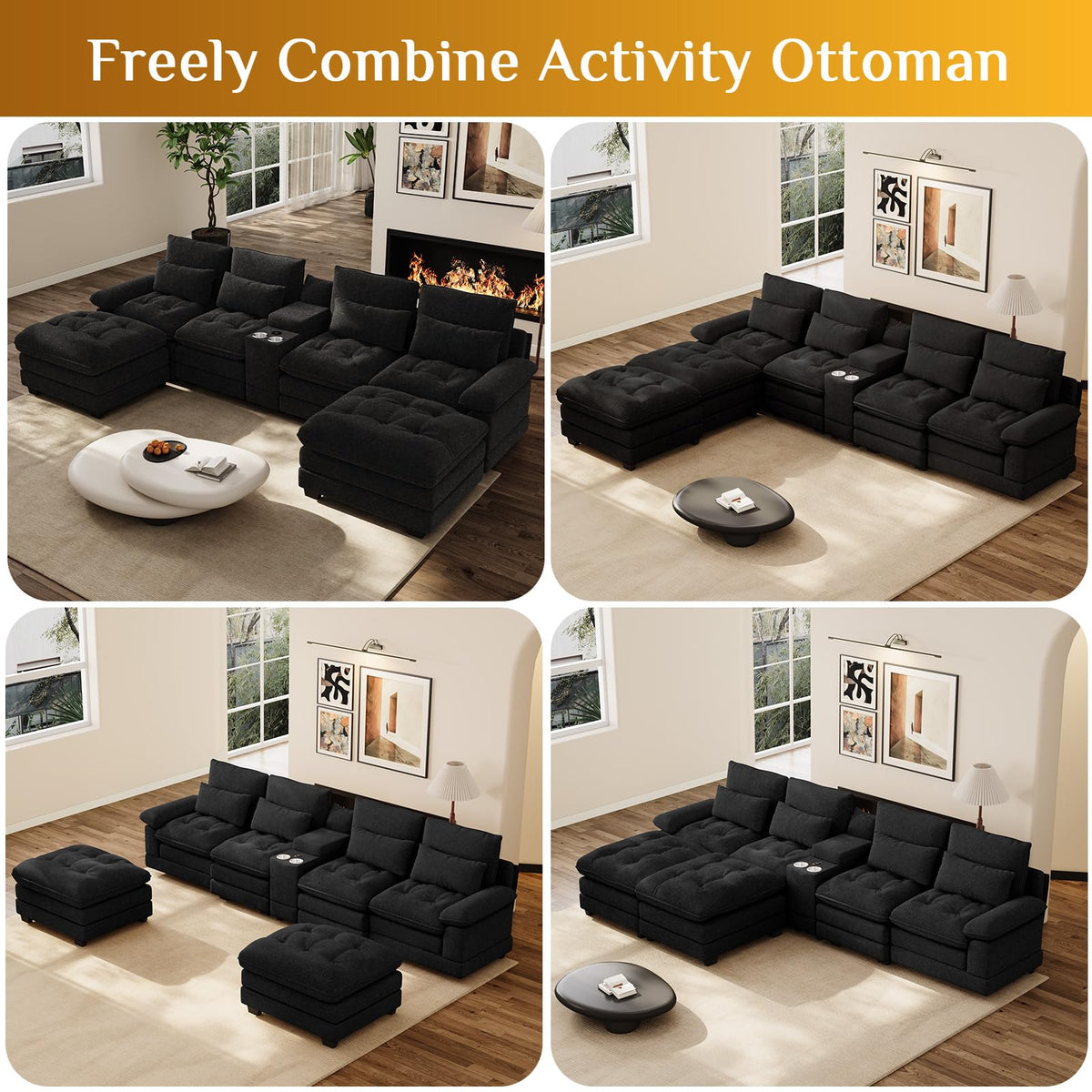 134" U-Shaped Shimmer Chenille Sectional Couch, Black