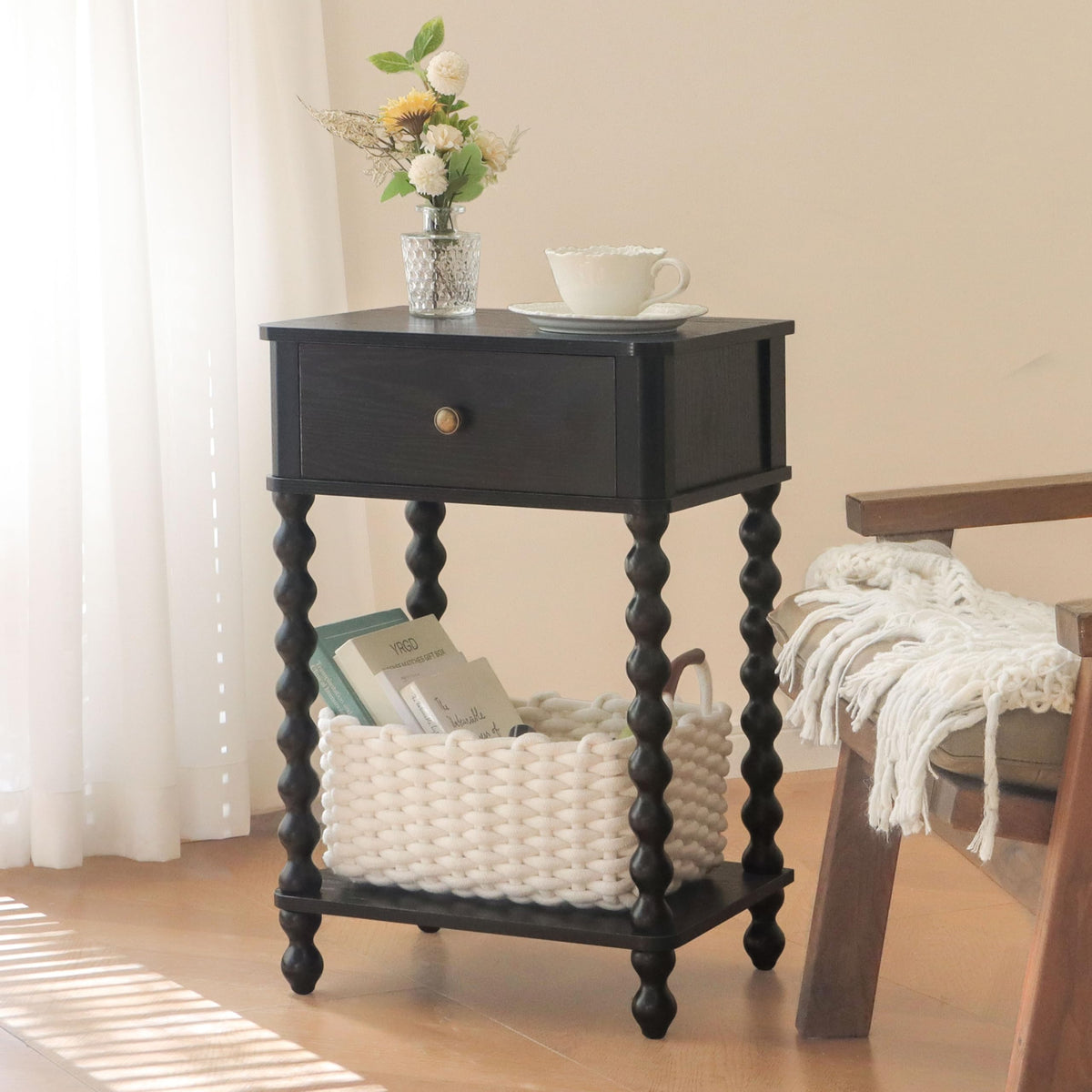 Black Nightstand, Bedroom Side Table with Drawer, Small Bedside End Table with Spindle Wood Legs, Black